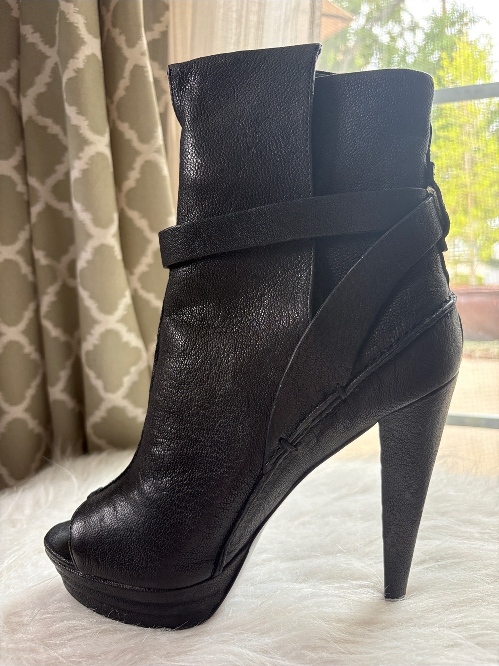 7 For All Mankind Leather Black Peep-Toe High-Heel Ankle Boots